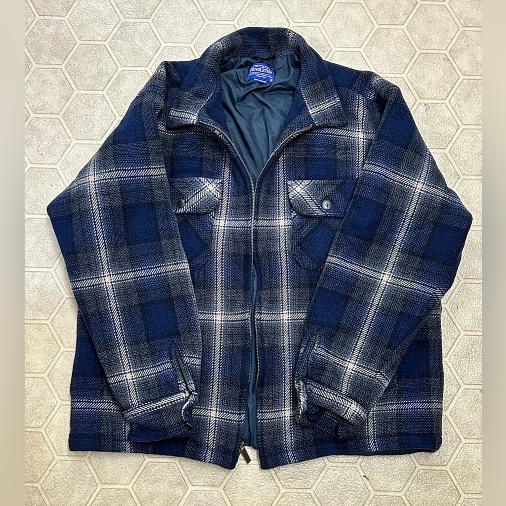 Men's XL Thinsulate Lined Wool Full Zip PENDLETON Blue Grey Shadow Plaid Jacket